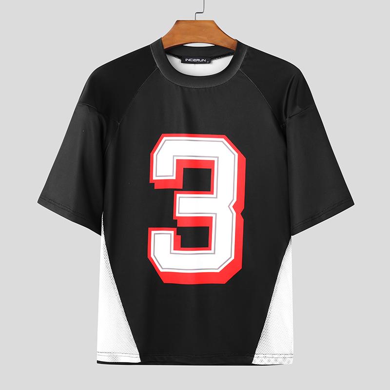 

INCERUN Летние мужские футболки с коротким рукавом и круглым вырезом, с принтом в виде букв, сетчатые лоскутные короткие футболки, топы XL чёрный