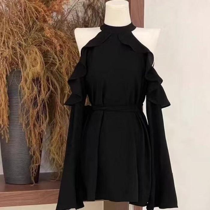 Women s Korean Style Black Off-Shoulder Halter Neck Ruffle Dress with Cinched Waist and Flare Sleeves Medium чёрный