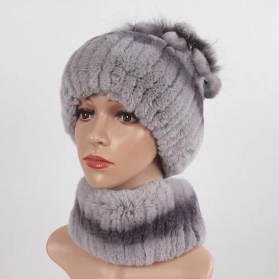 Knitted Women Warm Rex Rabbit Fur Hat Scarf Sets Winter Natural Rex Rabbit Fur Cap Scarves Russia Lady Fur Hats Muffler 2 Pieces