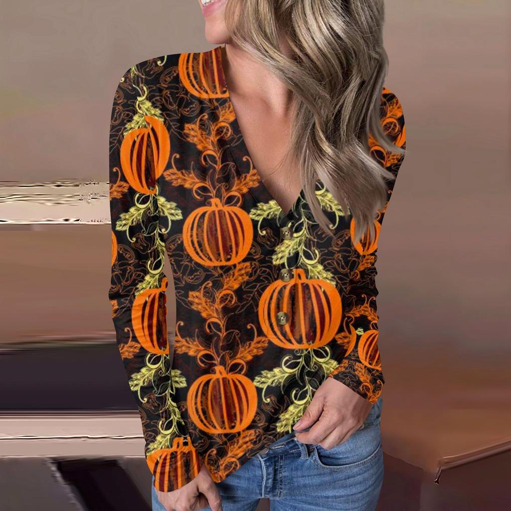 Lässiger Pullover mit V-Ausschnitt und Halloween-Print für Damen