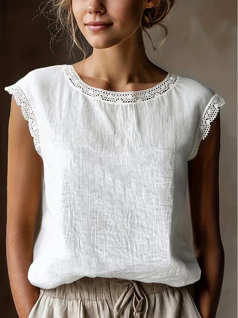 Women's European and American Style Sleeveless Lace Cotton-Linen Shirt, Spring/Summer 2026 Collection.