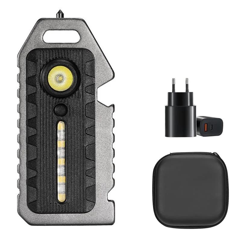 Portable LED COB Multi-functional Flashlight Keychain Outdoor Emergency Survival Whistle Bottle Opener Broken Window Hammer