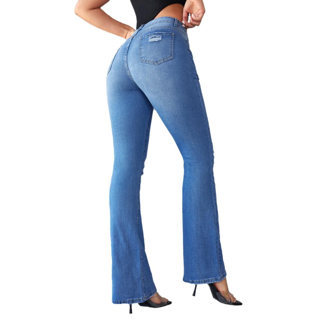 Broken Hole Pant Micro-laundry Women's Jeans Slim and Thin High-waisted Elastic Trousers