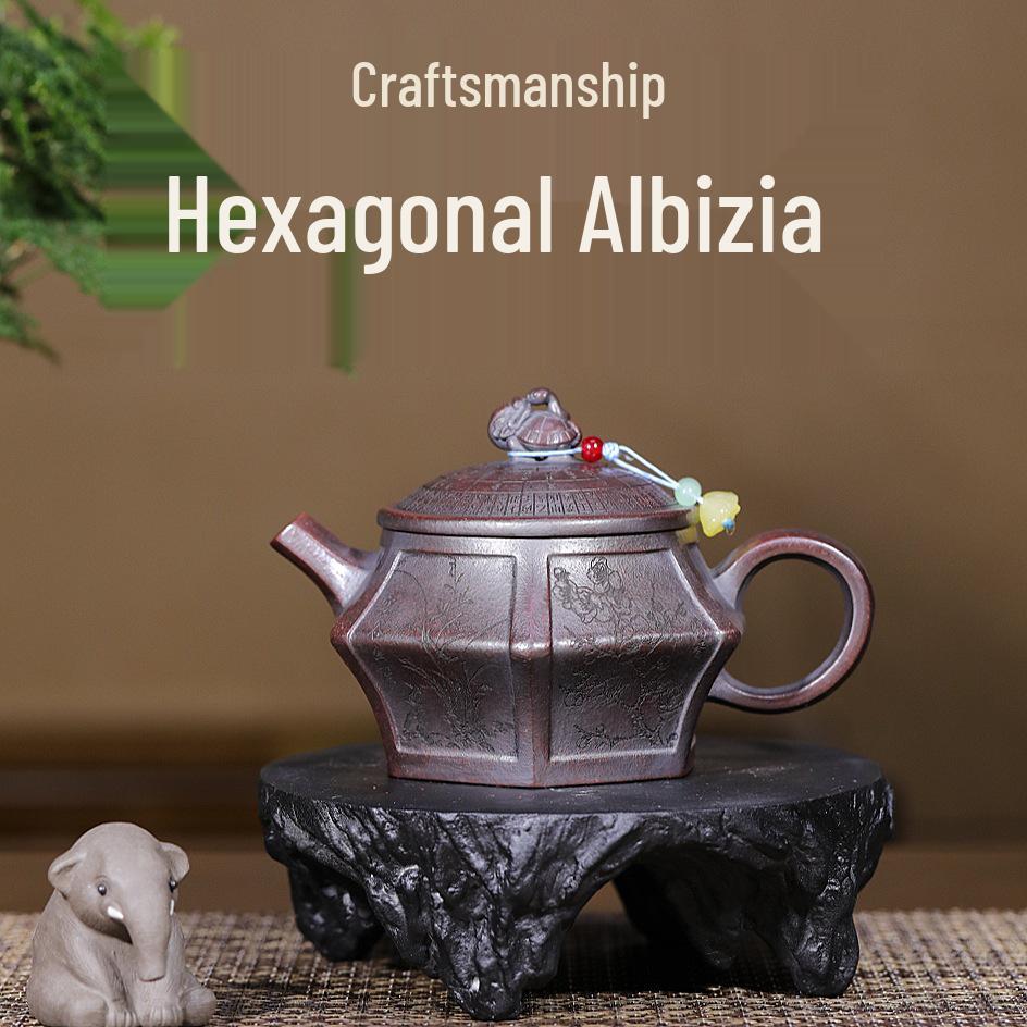 Handcrafted Six-sided Yixing Zisha Teapot Set - Original Ore Bronze Clay Antique by Ciphertext, Artisan Kung Fu Tea Ware 240cc