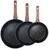 Set di 3 Padelle in Granito Nero&Legno 20 / 24 / 28 Cm