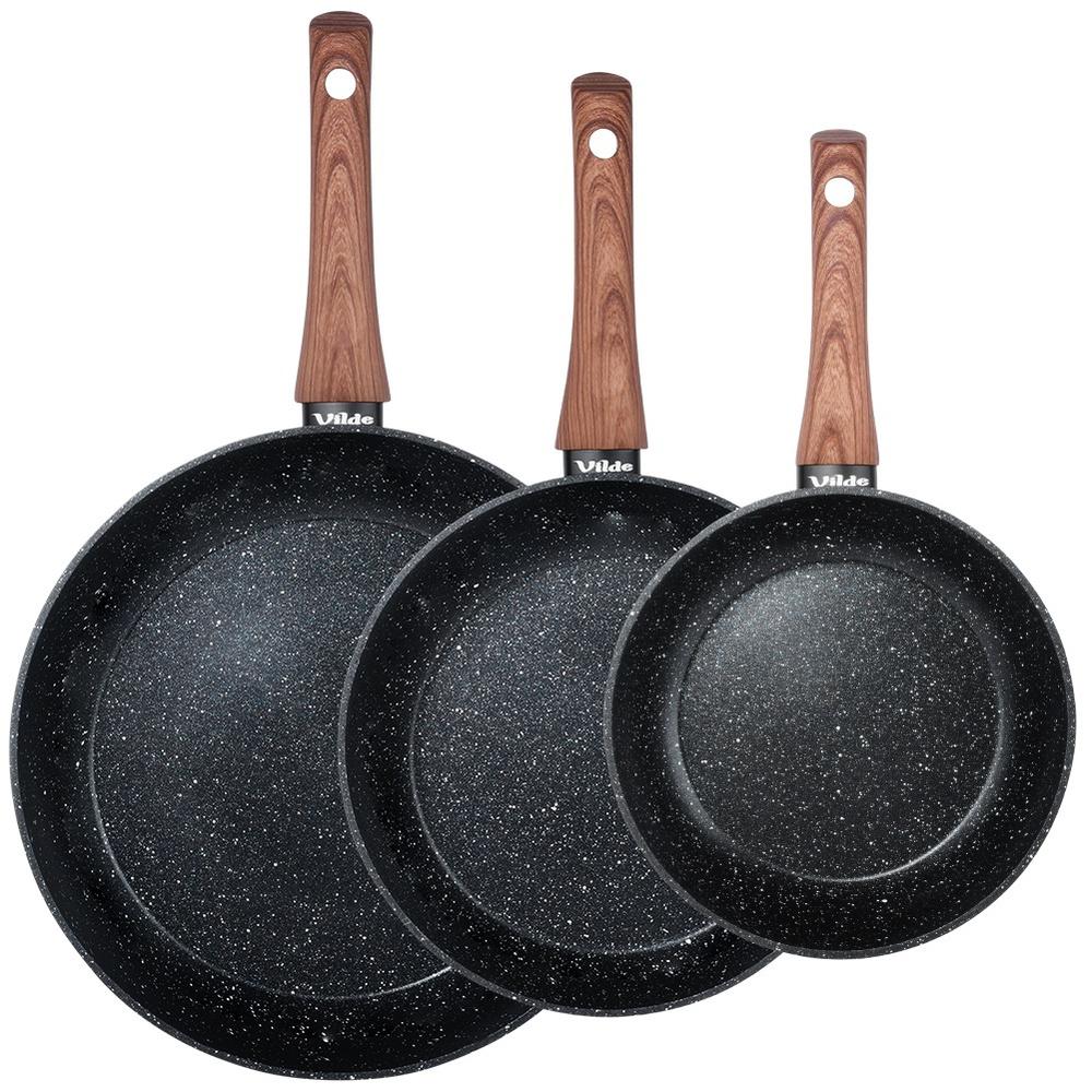 Set di 3 Padelle in Granito Nero&Legno 20 / 24 / 28 Cm