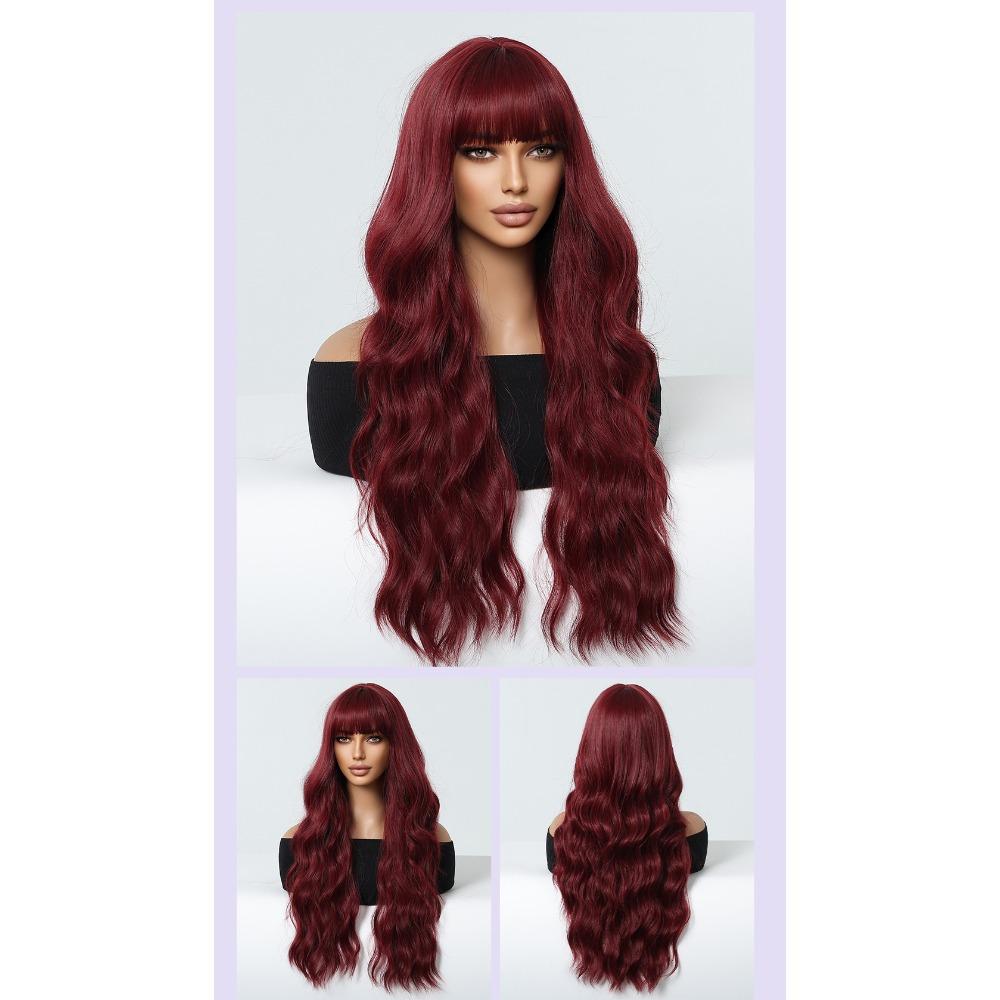 Style Burgundy, Big Waves With Bangs And Waist Length, Curly Hair Temperament, Fashionable Wig, Full Hair Wigs.