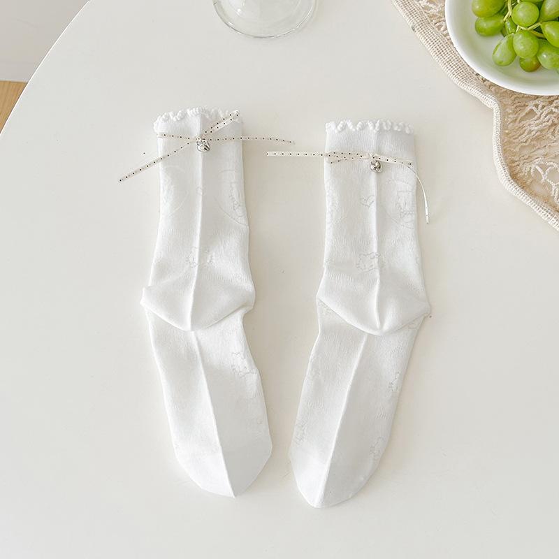 

Female Spring and Summer Thin Stereo Bow Ribbon Ballet Wind Mesh Breathable Cylinder Pile Pile Cotton Socks 1 pair білий