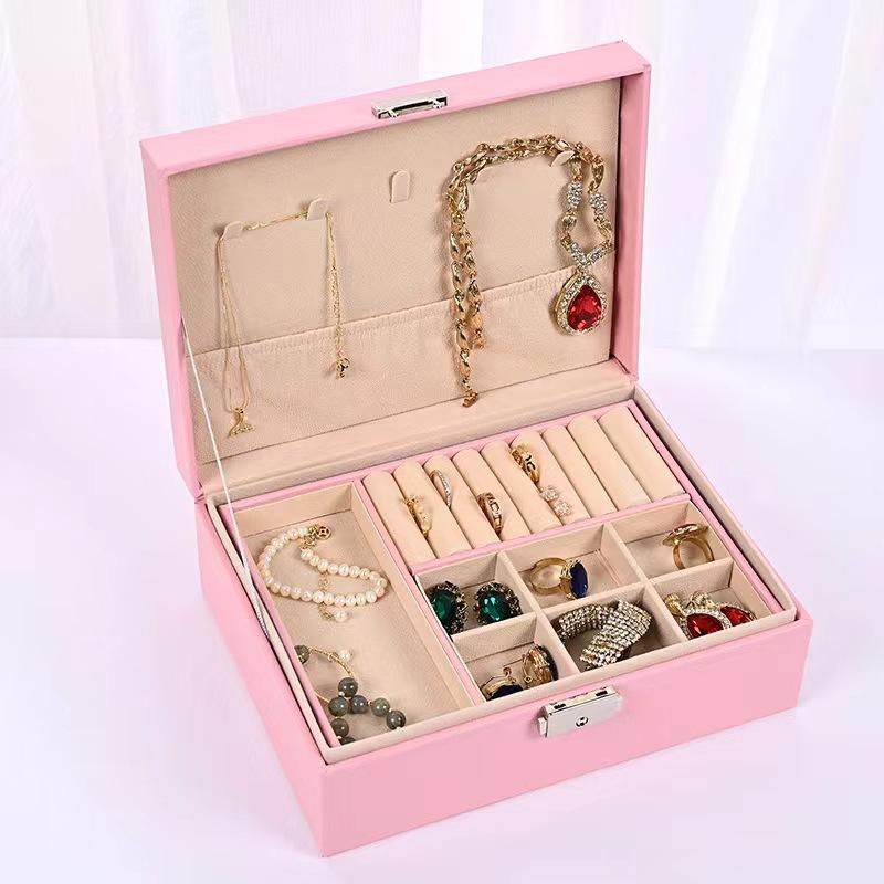 Women's jewelry box, double layered jewelry storage box for necklaces, earrings, rings, and bracelets, large jewelry rack box