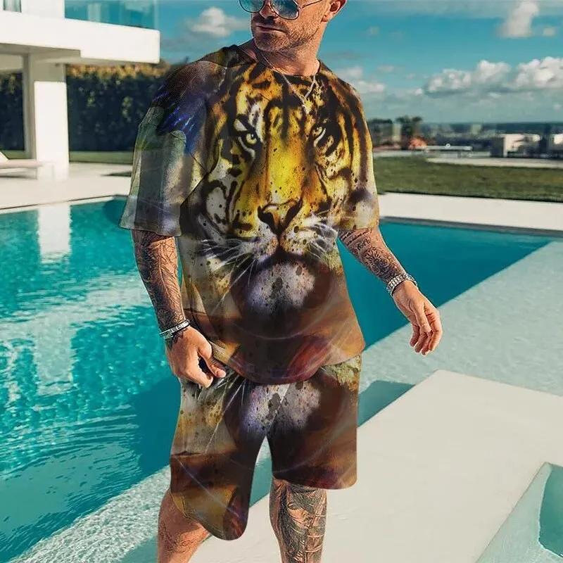 Men Cool Lion Tiger T-shirt Set 3D Animal  Print Casual Style T-shirt Shorts Set Summer New Fashion Street Clothing High-quality