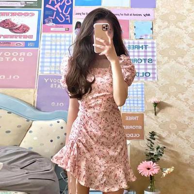 2026 Sommer Florales Petite Quadratischer Ausschnitt Kleid - Kurzarm, Slim Fit Damenbekleidung