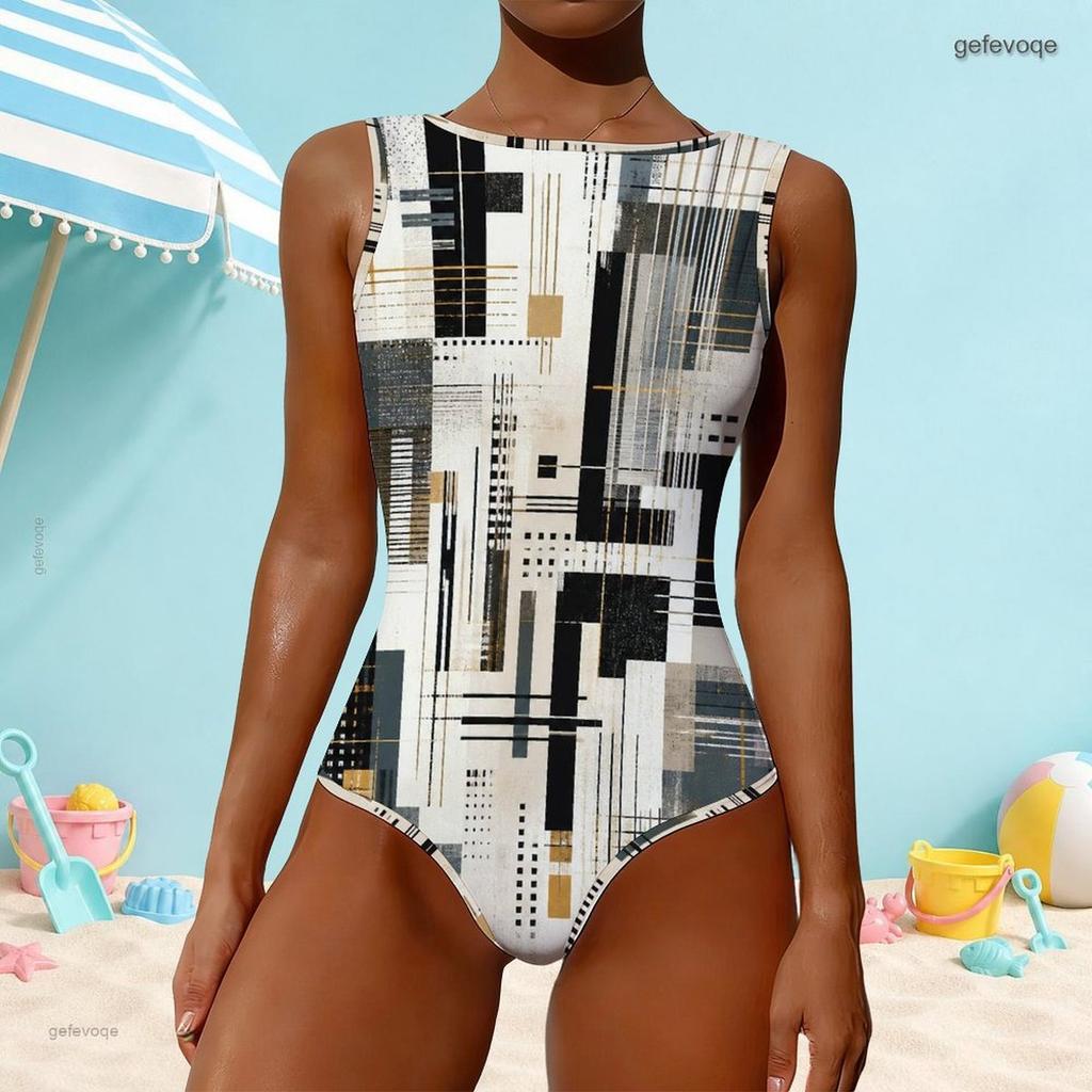 Women Plus Size Geometric Printed High Round Neck Sleeveless One Piece Swimsuit