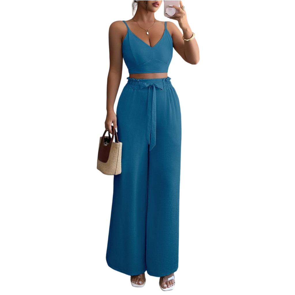 Ladies' Summer Loose Comfortable Casual Fashionable And Elegant Suspender Wide Leg Pants Two-piece Set