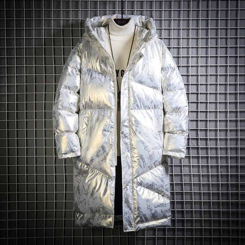 Bright Down Cotton Jacket Men's Mid To Long Winter Outfit Hooded Thick and Warm Jacket