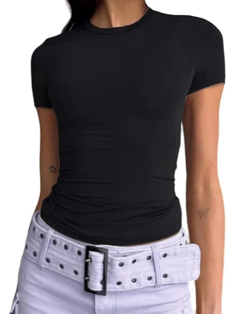 

Футболка с круглым вырезом, базовый укороченный топ с коротким рукавом, женская футболка, повседневная майка, облегающий женский укороченный топ, модная футболка, уличная одежда Y2k XS чёрный