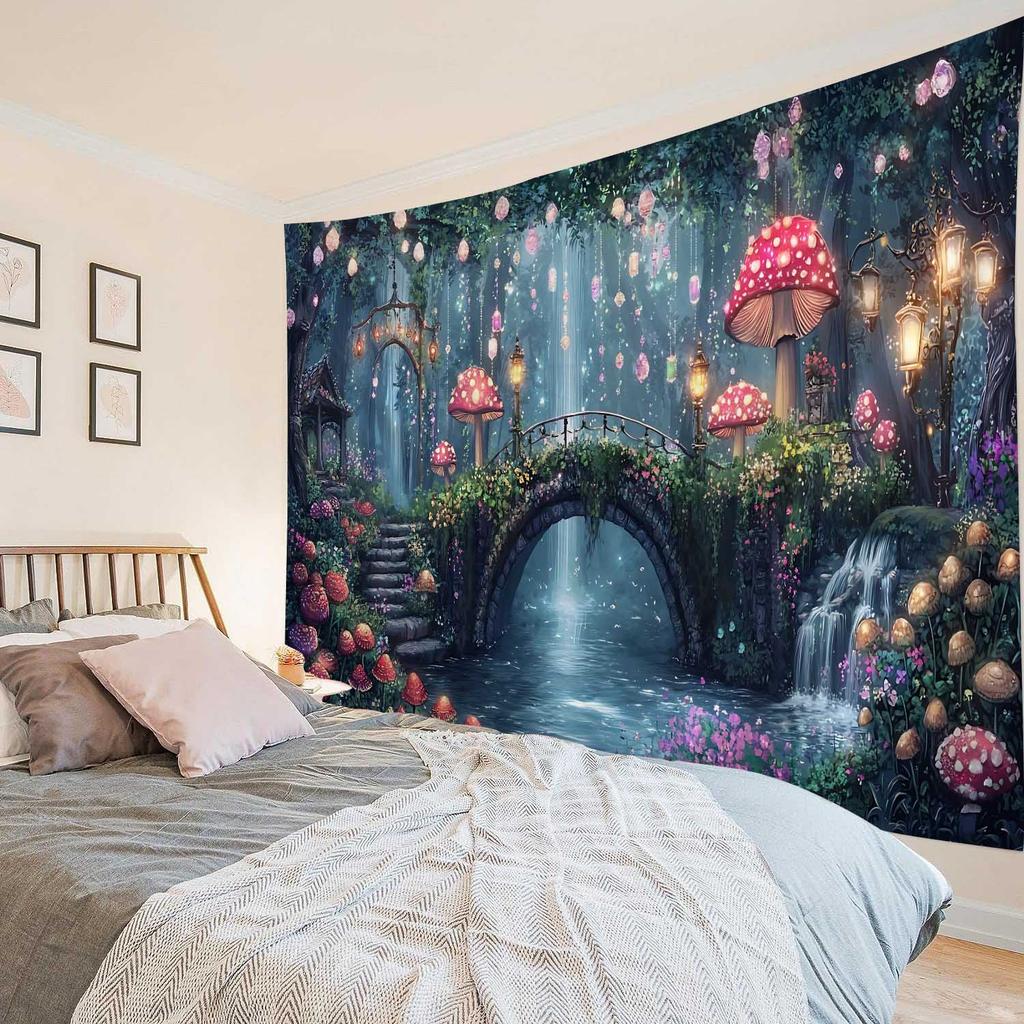 Tapestry, Psychedelic Forest Mushrooms, Room Decoration, Starry Sky, Plants, Cartoons, Bedroom Art Decoration Wall Hanging Cloth