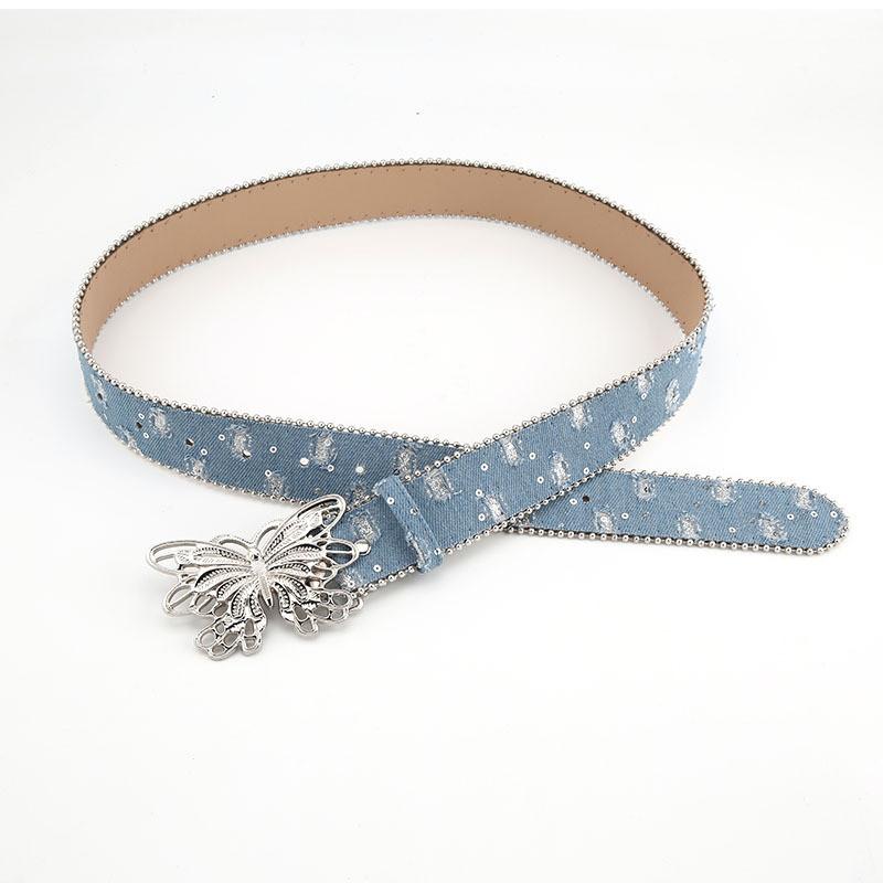 Ladies Canvas Belt 2023 New Summer Smooth Buckle Butterfly Decor Leather Belt For Jeans Stylish Korean Fashion 103cm