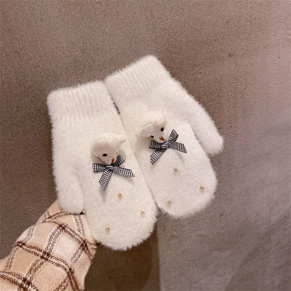 

Варежки с полным пальцем, плюшевые перчатки с бантом, утепленные милые перчатки, зимние студенческие вязаные перчатки для вождения D