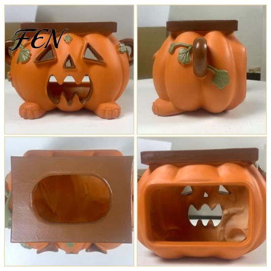 Novelty Home Accessory Halloween Pumpkin Tissue Box Holder, Resin Decorative Facial Funny Face Office Desk Storage Cover for Kitchen Living Room Table