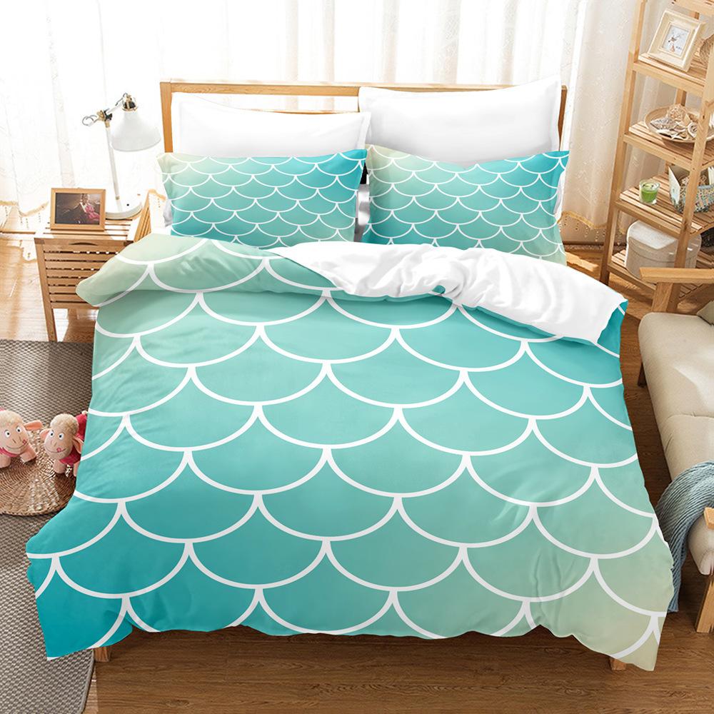 Laser Gradual Change Fish Scale 3D Digital Printing Three-Piece Set, Quilt Cover Pillowcase