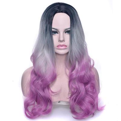 Moda Natural Larga Morada Degradada Raíces Oscuras Resistente al Calor Sintética Encaje Frontal Peluca Cosplay