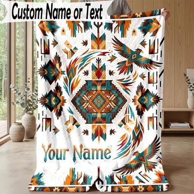 Native American Theme Personalized Blanket Custom Name Print Cozy Flannel Household Blanket 1pc