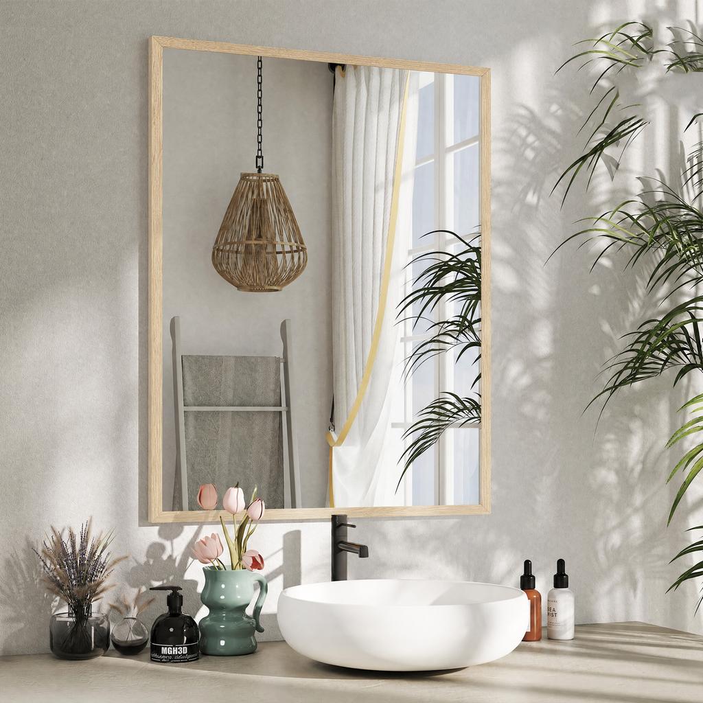 Rectangular Wall Mirror 90 X 70 Cm Wooden Frame Ideal For Bathroom Living Room Or Bedroom Natural