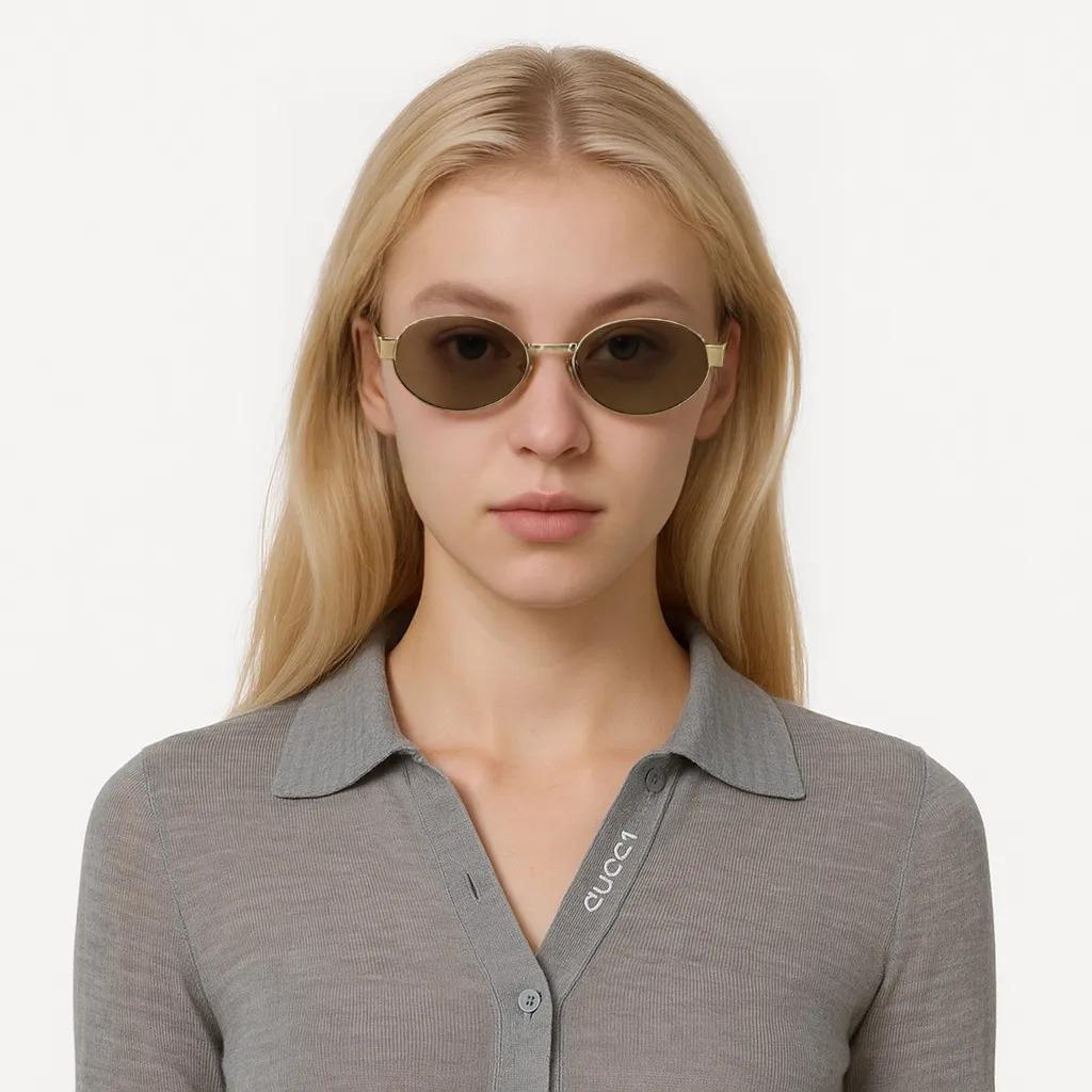 SAINT LAURENT Sunglasses Logo Temple Tips Metal Oval Frame Unisex Style Couple's Match Gold