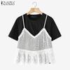 ZANZEA Womens Casual Patchwork Lace Crochet Summer Short Sleeve T-shirts