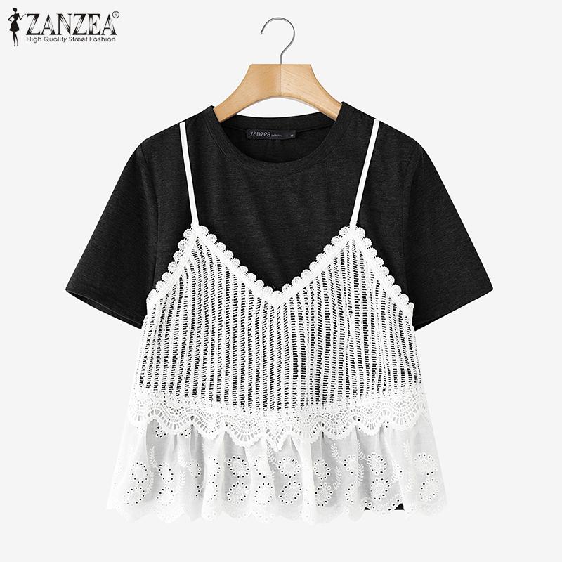 ZANZEA Womens Casual Patchwork Lace Crochet Summer Short Sleeve T-shirts