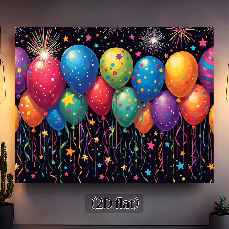 2D Kids Party Backdrop, Bright Balloons with Confetti and Fireworks Decoration Background