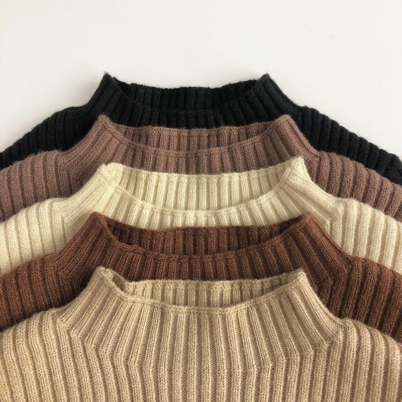 Unisex Earth Tones Ribbed Semi-High Neck Stretch Sweater for Kids – Slim Fit Korean Style Knit T-Shirt