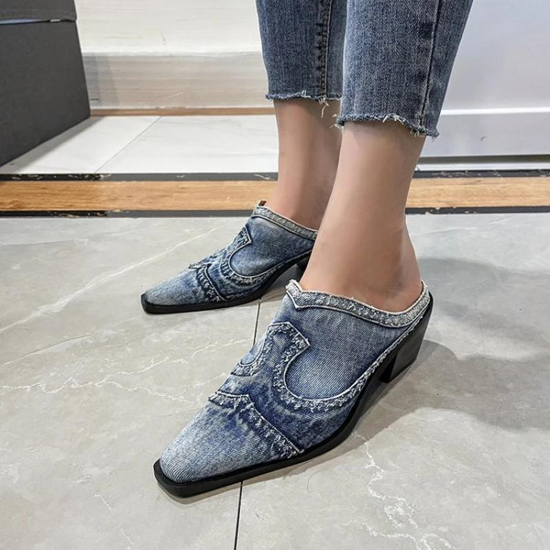 Fashion British Style Women Pointed Toe Sandals Luxury Outdoor Half Slippers Slip On Mules Femme Shoes Ladies Denim Chunky Heeled Slides