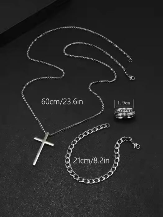 Fashion Business Geneva Calendar Watches Men's Stainless Steel Bracelet Pendant Necklace Ring Quartz Watch Set for Men