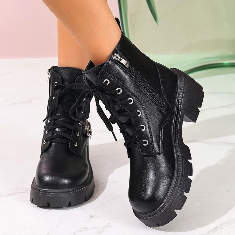 Fashion Women's Chunky Heel Combat Boots Black PU Leather Platform Ankle Boots for Women Fashion Buckle Strap Lace Up Motorcycle Booties