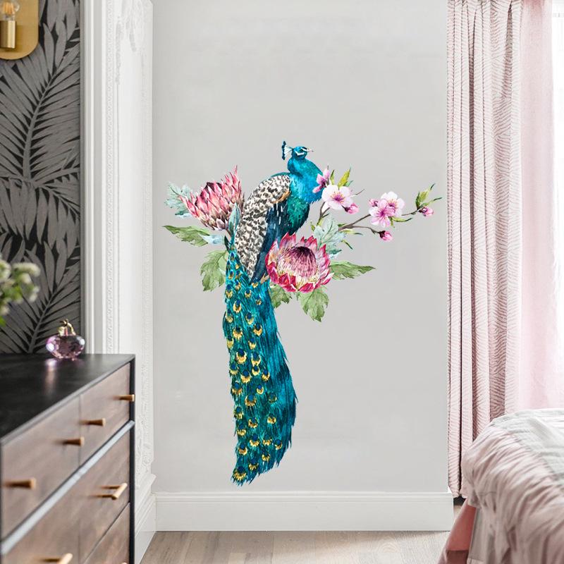 Peacock on Branch Removable Wall Sticker for Living Room or TV Background Decoration