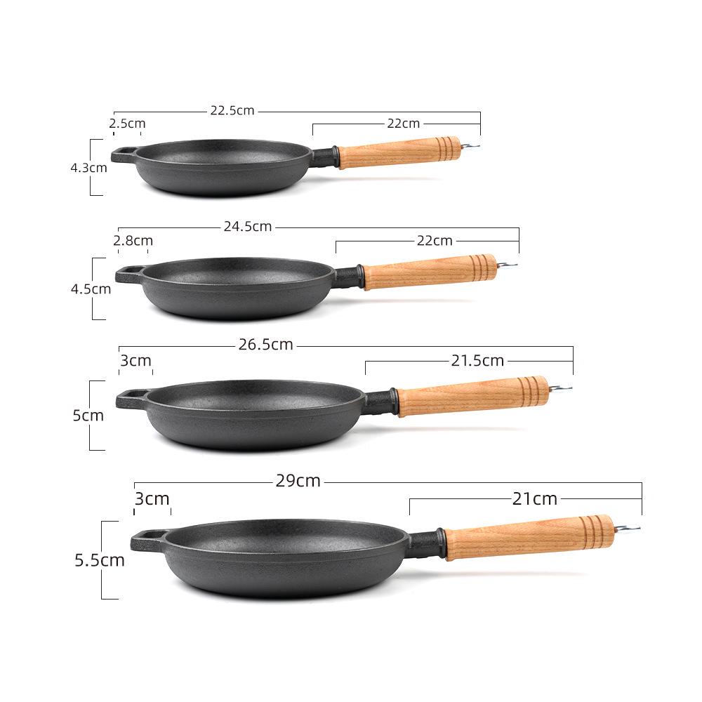 Non-Stick Cast Iron Wok with Wooden Handle - Thick Crepe, Egg, and Meat Frying Pan
