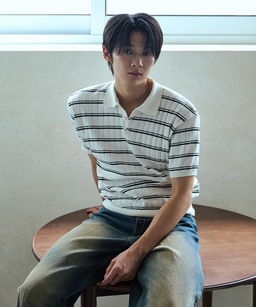 NODU Collar Block Stripe Short Sleeve Knit [Ivory]