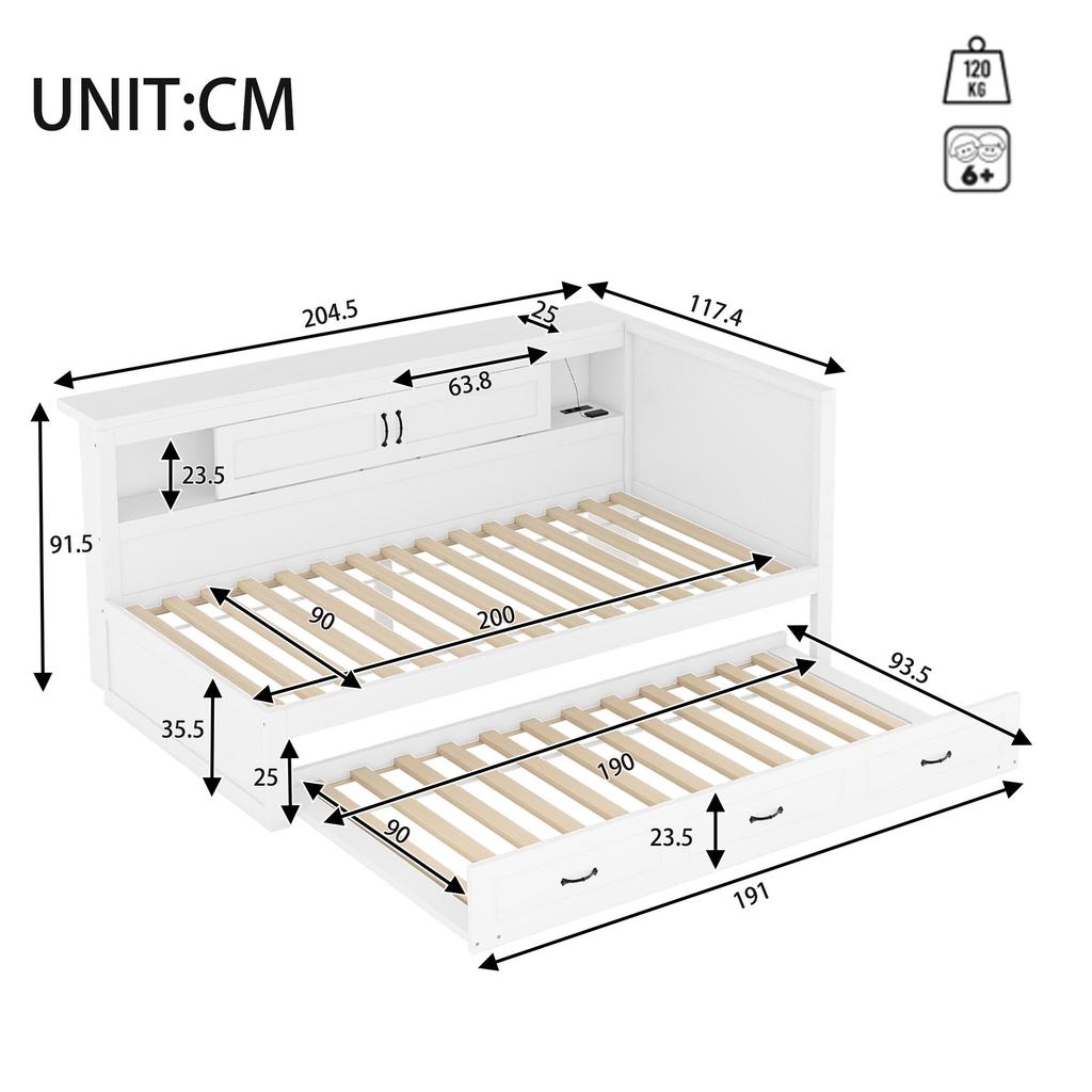 Sofa Bed Flieks 90x200 Pull-out Daybed with LED Lighting, Storage Compartment, Socket + USB