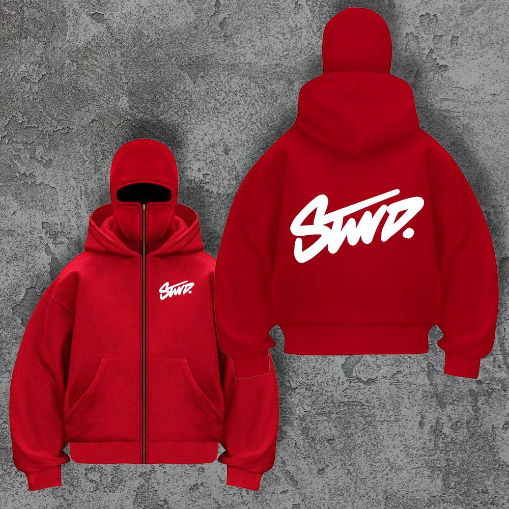 American Casual Sports Jacket Y2K Style Hooded Mask with Double Hood Zipper Design, Outdoor Letter Swd Printed Zipper Sweater