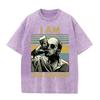 T-shirt Grafica Uomo Retro Lavata Beige Vintage Ritratto Uomo che Beve Stampa a Blocchi di Colore Strisce Oversize Uomo Casual Manica Corta