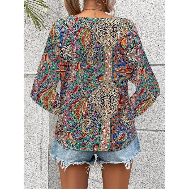 Women V Neck Boho Paisley Print Long Sleeve Blouse Multi Color Ethnic Loose Fit Summer Vacation Casual Top