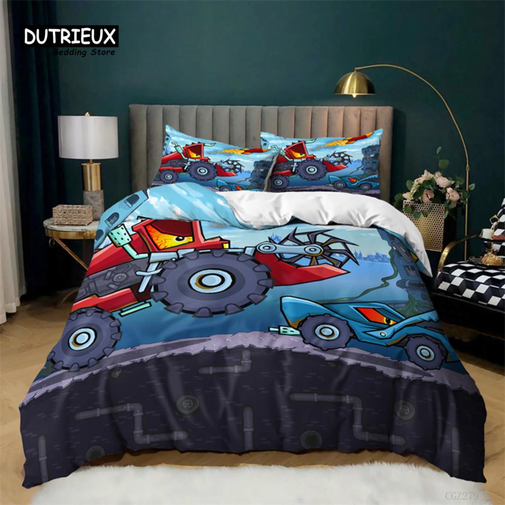 Boys Cartoon Car Duvet Cover Twin King Kids Construction Vehicles Bedding Set Microfiber Cartoon Machinery Truck Comforter Cover
