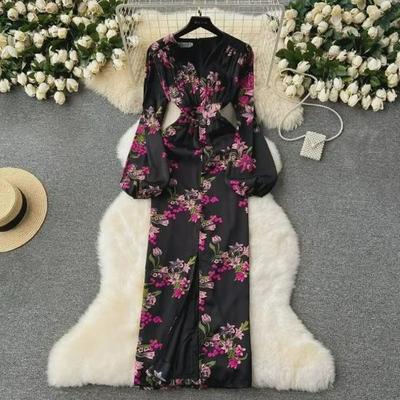 Robe Imprimée Élégante à Manches Lanternes - Haut de Gamme, Style Mature Léger, Cintrée à la Taille, Jupe Longue pour Soirée de Printemps et d'Automne