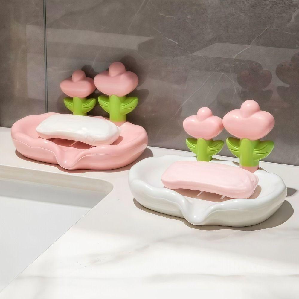 Tulip Design Drain Soap Dish No Drilling Required with Drainage Trough Soap Tray Solid Color Anti-slip Soap Storage Rack
