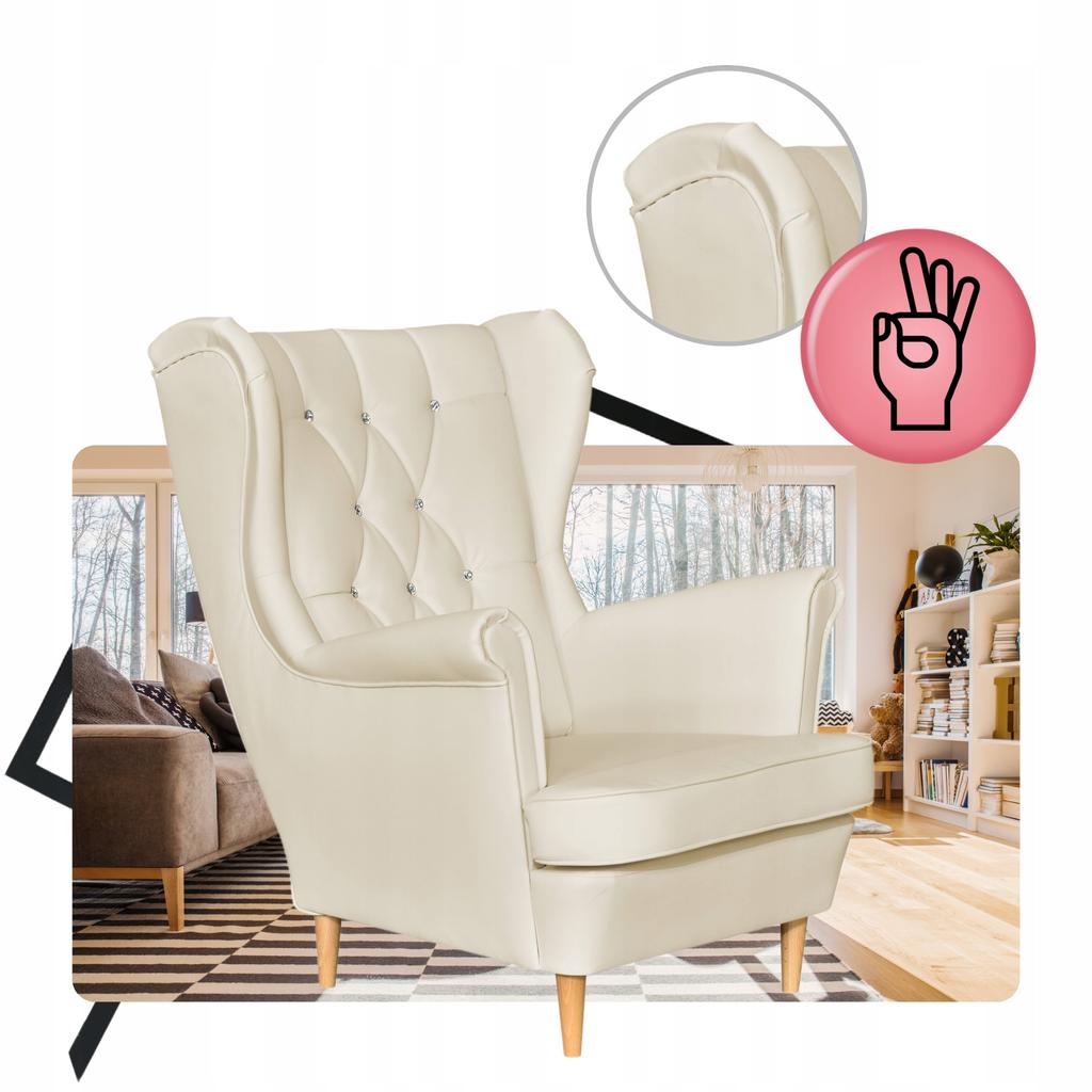 Fotel Uszak eko skóra Gaja Skandynawski Family meble beżowy kremowy