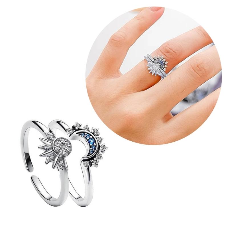 2Pcs Colorful Diamonds Open Rings Alloy Finger Rings Ornaments Stackable Sun Moon Rings Accessory Set for Women Girls
