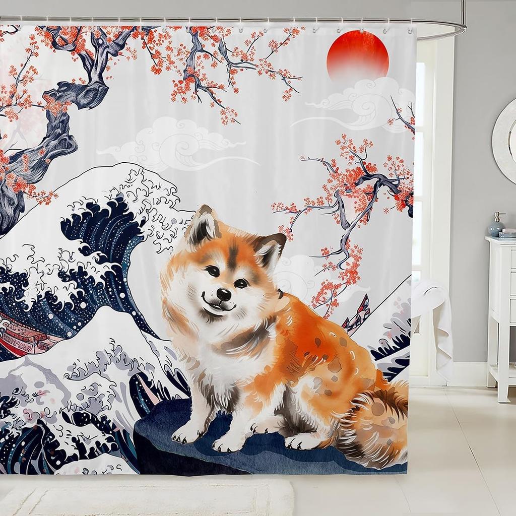 Cartoon Lion Shower Curtain for Kids Boys Girls Japanese Style Waterproof Bathroom Curtain, Vintage Ukiyoe Bath Curtain Ocean