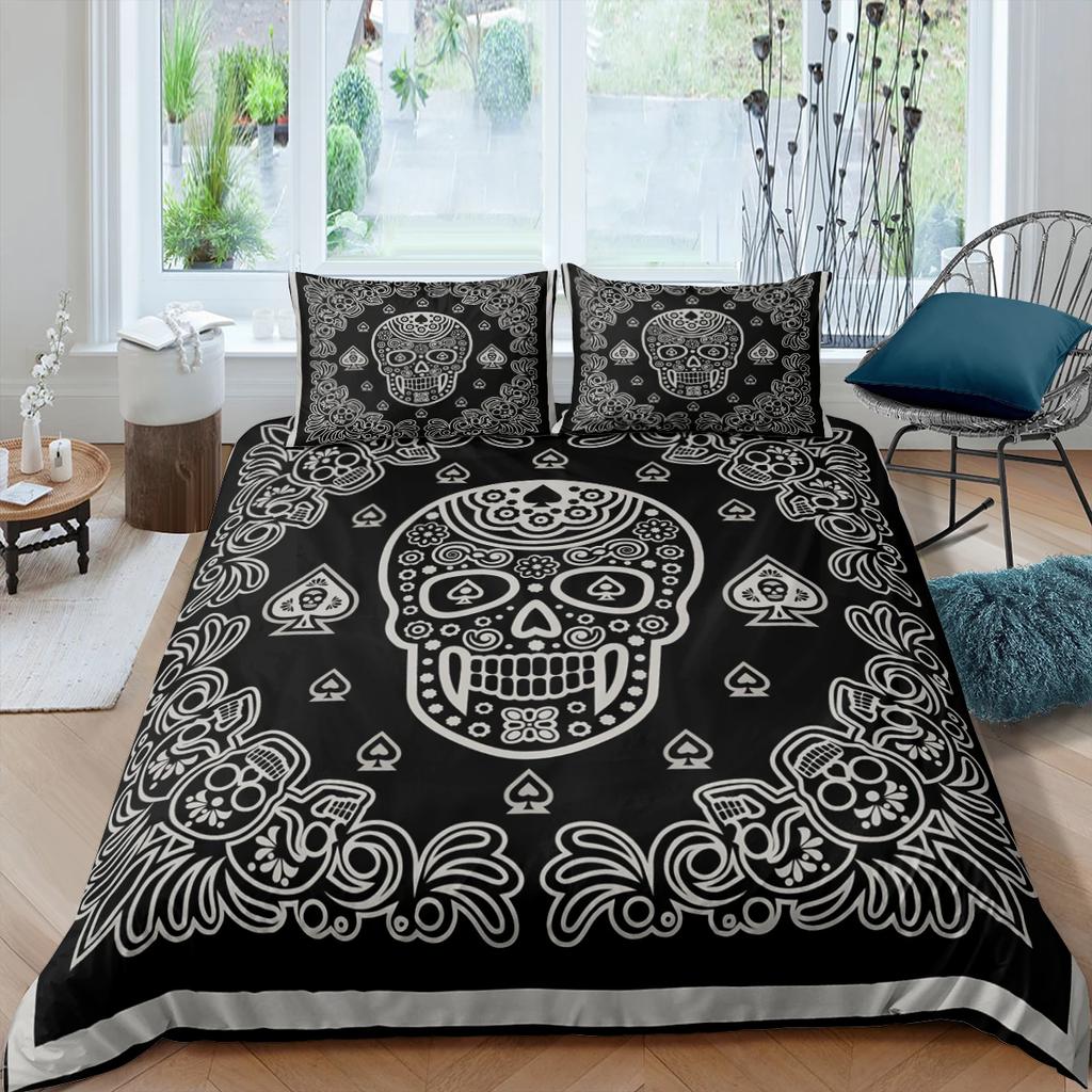 Sugar Skull Bedding Sets King Beauty Kiss Skull Duvet Cover Bed Set Bohemian Print Black Bedclothes Queen Size Bedline