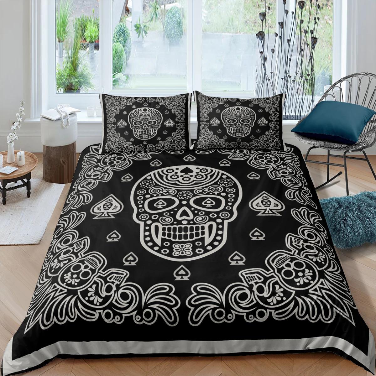 Sugar Skull Beddengoedsets King Beauty Kiss Skull Dekbedovertrek Bedset Boheemse Print Zwart Beddengoed Queen Size Bedlijn 264x228cm 3pcs bruin